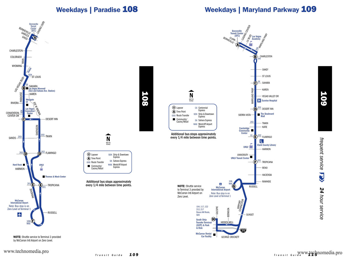 Карта маршрутов автобусов 108 и 109 из международного аэропорта Лас-Вегас до центра города